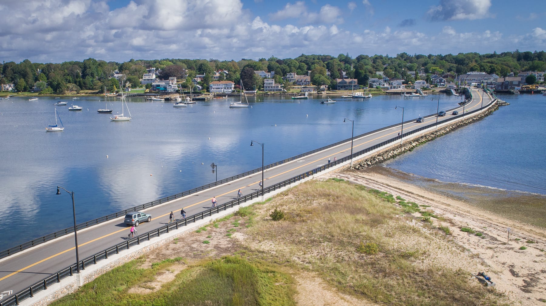 Arial photo of cyclists on Padanaram bridge