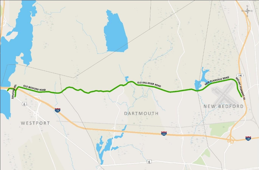 An illustration of the Northern Scenic Greenway through Westport, Dartmouth, and New Bedford.
